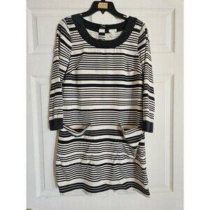 J.CREW Shift Dress sz 2 100% SILK Striped Blue Ivory Pockets Mini Retro 1960s